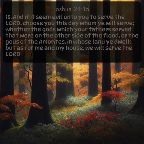 citation biblique : 15. And if it seem evil unto you to serve the LORD, choose you this day whom ye will serve; whether the gods which your fathers served that were on the other side of the flood, or the gods of the Amorites, in whose land ye dwell: but as for me and my house, we will serve the LORD.
 sur fond image nature