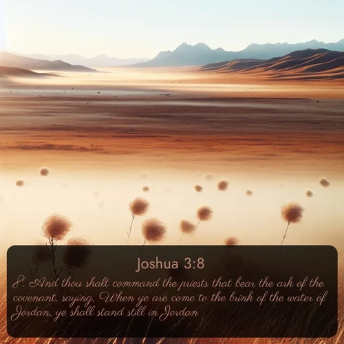 KJV Joshua  ; image nature: image with the bible verse :And thou shalt command the priests that bear the ark of the covenant, saying, When ye are come to the brink of the water of Jordan, ye shall stand still in Jordan. ; Explore an inspiring selection of Bible verse images adorned with nature photos, such as starry skies, verdant hills, and golden beaches. Each image reflects the peace and beauty of God&#039;s creation with vibrant colors and varied fonts. Share uplifting verses like KJV Joshua 3:8. Current verse is overlayed with the thematic nature scene : Autumn wind sends tumbleweeds dancing across the prairie. ; 3:8