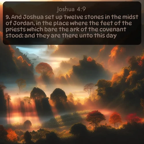 citation biblique : 9. And Joshua set up twelve stones in the midst of Jordan, in the place where the feet of the priests which bare the ark of the covenant stood: and they are there unto this day.
 sur fond image nature