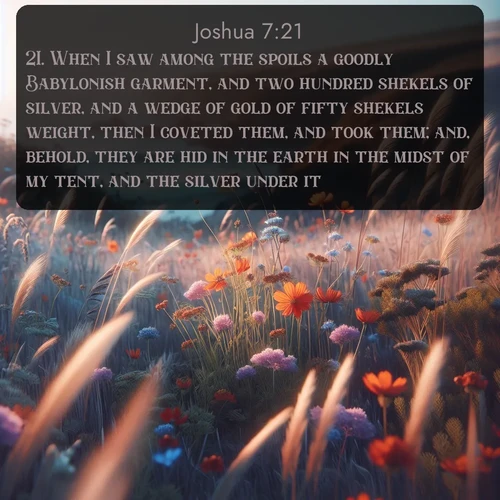 citation biblique : 21. When I saw among the spoils a goodly Babylonish garment, and two hundred shekels of silver, and a wedge of gold of fifty shekels weight, then I coveted them, and took them; and, behold, they are hid in the earth in the midst of my tent, and the silver under it.
 sur fond image nature