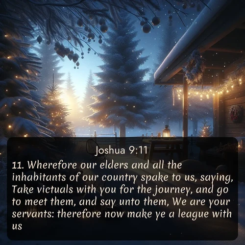 KJV Joshua  ; image nature: image with the bible verse :Wherefore our elders and all the inhabitants of our country spake to us, saying, Take victuals with you for the journey, and go to meet them, and say unto them, We are your servants: therefore now make ye a league with us. ; Download inspiring Bible verse images featuring stunning natural vistas, from tropical islands to rolling hills. These free images make perfect wallpapers or gifts. Share verses like KJV Joshua 9:11. Current verse is overlayed with the thematic nature scene : Winter silence falls with evening snow. ; 9:11