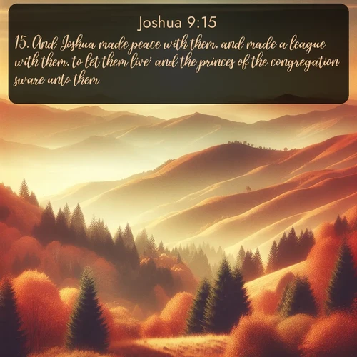 citation biblique : 15. And Joshua made peace with them, and made a league with them, to let them live: and the princes of the congregation sware unto them.
 sur fond image nature