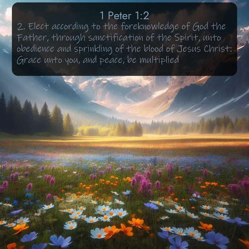 citation biblique : 2. Elect according to the foreknowledge of God the Father, through sanctification of the Spirit, unto obedience and sprinkling of the blood of Jesus Christ: Grace unto you, and peace, be multiplied.
 sur fond image nature