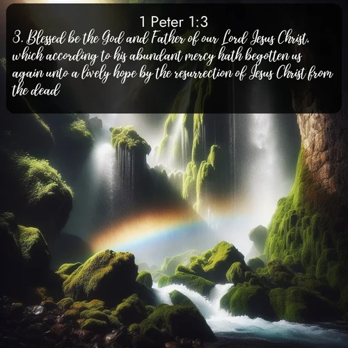 citation biblique : 3. Blessed be the God and Father of our Lord Jesus Christ, which according to his abundant mercy hath begotten us again unto a lively hope by the resurrection of Jesus Christ from the dead,
 sur fond image nature
