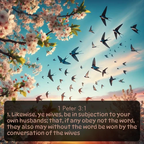 citation biblique : 1. Likewise, ye wives, be in subjection to your own husbands; that, if any obey not the word, they also may without the word be won by the conversation of the wives;
 sur fond image nature
