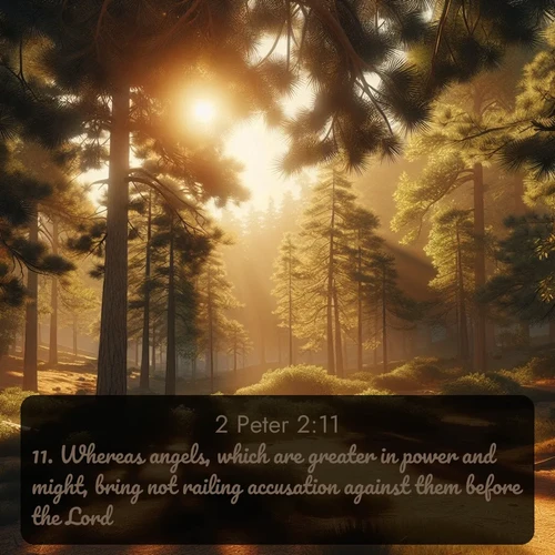 citation biblique : 11. Whereas angels, which are greater in power and might, bring not railing accusation against them before the Lord.
 sur fond image nature