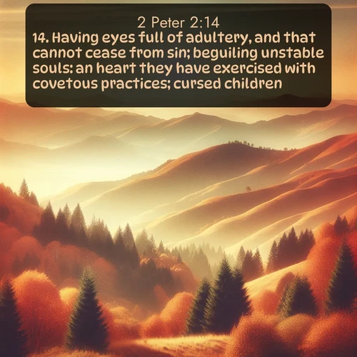 citation biblique : 14. Having eyes full of adultery, and that cannot cease from sin; beguiling unstable souls: an heart they have exercised with covetous practices; cursed children:
 sur fond image nature