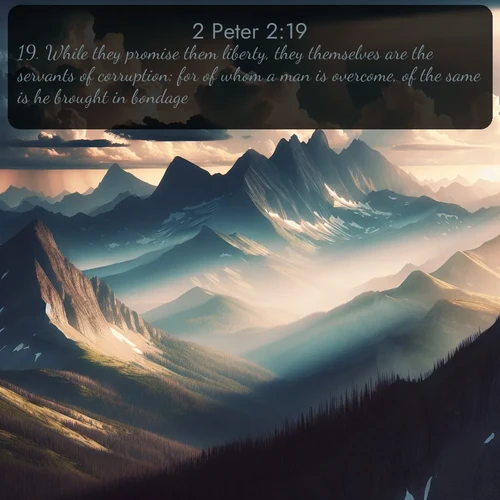 citation biblique : 19. While they promise them liberty, they themselves are the servants of corruption: for of whom a man is overcome, of the same is he brought in bondage.
 sur fond image nature