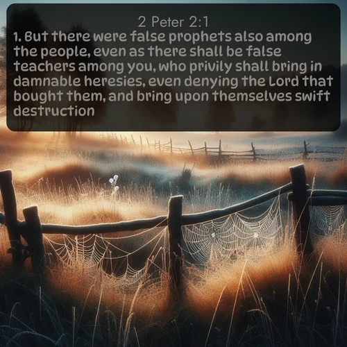 citation biblique : 1. But there were false prophets also among the people, even as there shall be false teachers among you, who privily shall bring in damnable heresies, even denying the Lord that bought them, and bring upon themselves swift destruction.
 sur fond image nature
