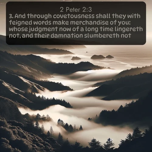 citation biblique : 3. And through covetousness shall they with feigned words make merchandise of you: whose judgment now of a long time lingereth not, and their damnation slumbereth not.
 sur fond image nature