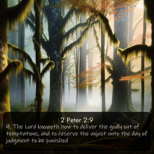 citation biblique : 9. The Lord knoweth how to deliver the godly out of temptations, and to reserve the unjust unto the day of judgment to be punished:
 sur fond image nature
