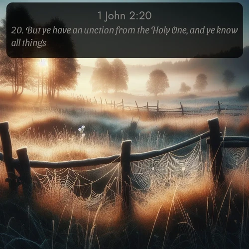 KJV 1 John  ; image nature: image with the bible verse :But ye have an unction from the Holy One, and ye know all things. ; Admire Bible verse images illustrated by desert scenes, such as sunsets over dunes, majestic rocks, and solitary cacti. These images capture the majesty of God in arid places. Download and share verses like KJV 1 John 2:20. Current verse is overlayed with the thematic nature scene : Morning frost coats spider webs stretched between fence posts in a country meadow. ; 2:20