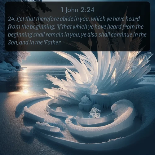 KJV 1 John  ; image nature: image with the bible verse :Let that therefore abide in you, which ye have heard from the beginning. If that which ye have heard from the beginning shall remain in you, ye also shall continue in the Son, and in the Father. ; Download stunning Bible verse images paired with nature scenes like rolling clouds, sparkling waters, and vibrant flower fields. These free images are perfect for spiritual reflection or wallpaper use. Share KJV 1 John 2:24. Current verse is overlayed with the thematic nature scene : Winter ice forms abstract sculptures along a lake shore. ; 2:24