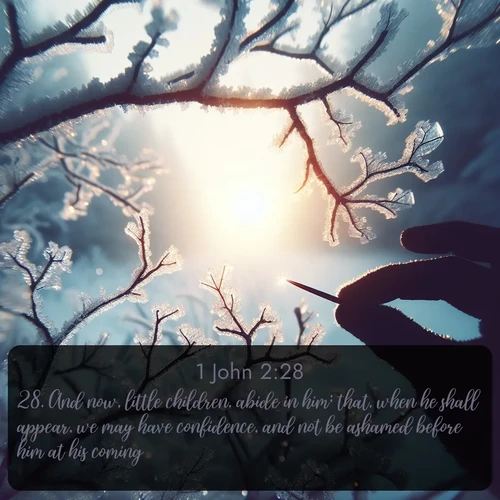 KJV 1 John  ; image nature: image with the bible verse :And now, little children, abide in him; that, when he shall appear, we may have confidence, and not be ashamed before him at his coming. ; Explore a collection of inspiring Bible verse images accompanied by winter photos, such as snowy landscapes, frosted trees, and frozen lakes. These images reflect the peace and purity of God&#039;s creation, with elegant fonts and luminous colors. Download and share verses like KJV 1 John 2:28. Current verse is overlayed with the thematic nature scene : Winter sunrise glows through ice-coated branches. ; 2:28