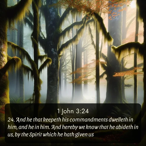 KJV 1 John  ; image nature: image with the bible verse :And he that keepeth his commandments dwelleth in him, and he in him. And hereby we know that he abideth in us, by the Spirit which he hath given us. ; Discover breathtaking Bible verse images combined with vibrant landscapes like rolling hills, blooming gardens, and starry nights. Use them as wallpapers or to inspire others. Download verses like KJV 1 John 3:24. Current verse is overlayed with the thematic nature scene : Autumn fog shrouds an old-growth forest draped in moss and lichen. ; 3:24