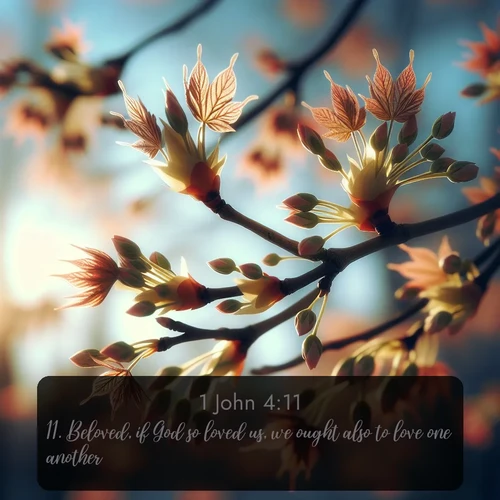 KJV 1 John 4:11 overlaying nature image scene: Spring buds burst open on maple branches against a blue sky.;11. Beloved, if God so loved us, we ought also to love one another.