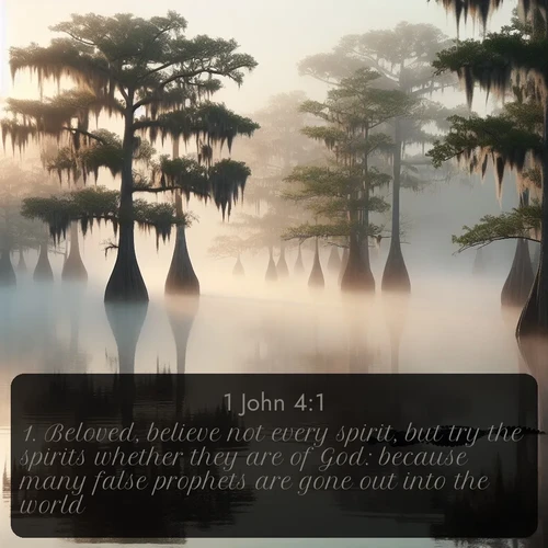 citation biblique : 1. Beloved, believe not every spirit, but try the spirits whether they are of God: because many false prophets are gone out into the world.
 sur fond image nature