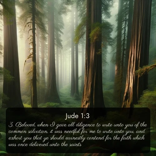 citation biblique : 3. Beloved, when I gave all diligence to write unto you of the common salvation, it was needful for me to write unto you, and exhort you that ye should earnestly contend for the faith which was once delivered unto the saints.
 sur fond image nature