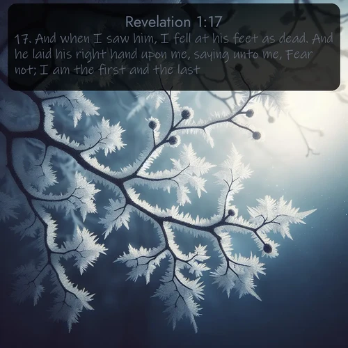 citation biblique : 17. And when I saw him, I fell at his feet as dead. And he laid his right hand upon me, saying unto me, Fear not; I am the first and the last:
 sur fond image nature