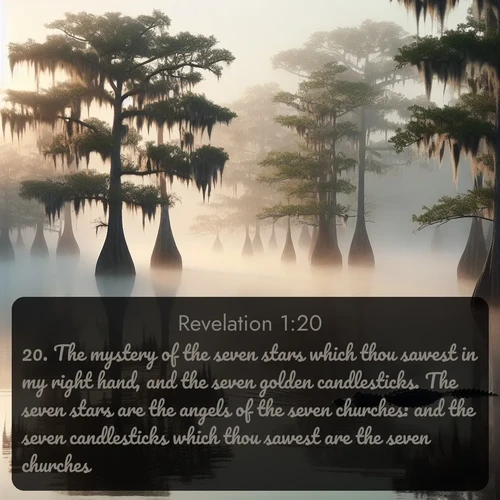 citation biblique : 20. The mystery of the seven stars which thou sawest in my right hand, and the seven golden candlesticks. The seven stars are the angels of the seven churches: and the seven candlesticks which thou sawest are the seven churches.
 sur fond image nature