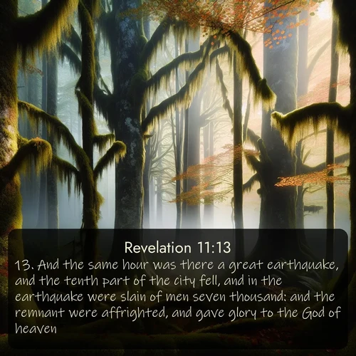 citation biblique : 13. And the same hour was there a great earthquake, and the tenth part of the city fell, and in the earthquake were slain of men seven thousand: and the remnant were affrighted, and gave glory to the God of heaven.
 sur fond image nature