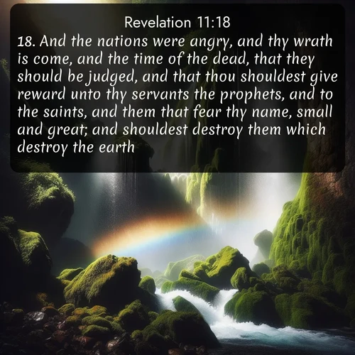 citation biblique : 18. And the nations were angry, and thy wrath is come, and the time of the dead, that they should be judged, and that thou shouldest give reward unto thy servants the prophets, and to the saints, and them that fear thy name, small and great; and shouldest destroy them which destroy the earth.
 sur fond image nature