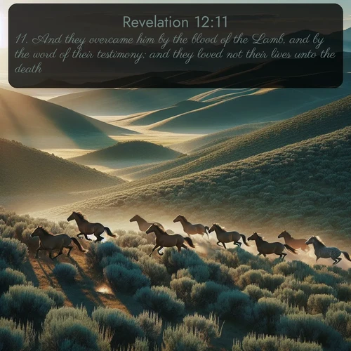 citation biblique : 11. And they overcame him by the blood of the Lamb, and by the word of their testimony; and they loved not their lives unto the death.
 sur fond image nature