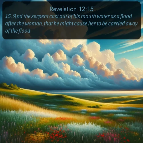 citation biblique : 15. And the serpent cast out of his mouth water as a flood after the woman, that he might cause her to be carried away of the flood.
 sur fond image nature