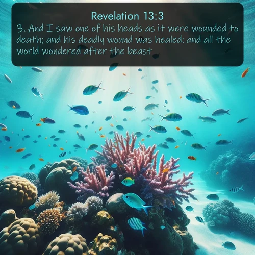 citation biblique : 3. And I saw one of his heads as it were wounded to death; and his deadly wound was healed: and all the world wondered after the beast.
 sur fond image nature