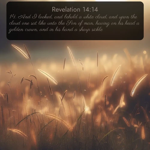 citation biblique : 14. And I looked, and behold a white cloud, and upon the cloud one sat like unto the Son of man, having on his head a golden crown, and in his hand a sharp sickle.
 sur fond image nature