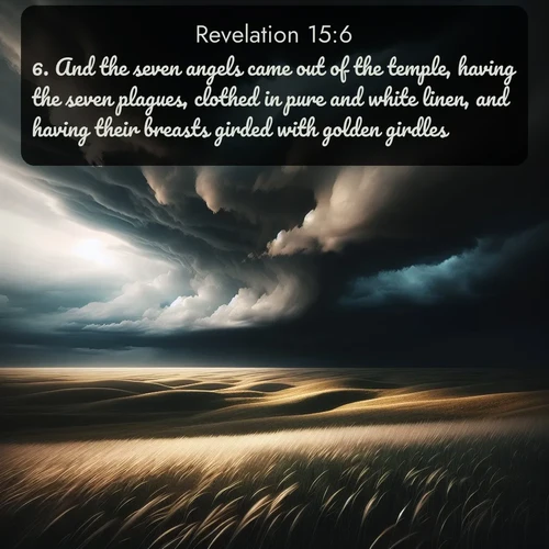 citation biblique : 6. And the seven angels came out of the temple, having the seven plagues, clothed in pure and white linen, and having their breasts girded with golden girdles.
 sur fond image nature