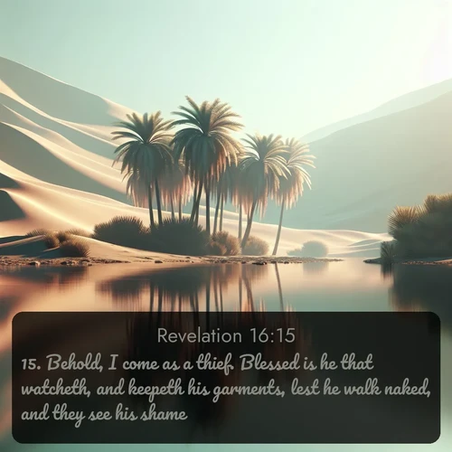 citation biblique : 15. Behold, I come as a thief. Blessed is he that watcheth, and keepeth his garments, lest he walk naked, and they see his shame.
 sur fond image nature