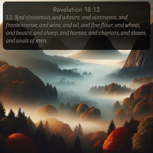 citation biblique : 13. And cinnamon, and odours, and ointments, and frankincense, and wine, and oil, and fine flour, and wheat, and beasts, and sheep, and horses, and chariots, and slaves, and souls of men.
 sur fond image nature