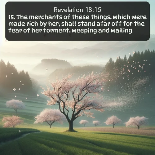 citation biblique : 15. The merchants of these things, which were made rich by her, shall stand afar off for the fear of her torment, weeping and wailing,
 sur fond image nature