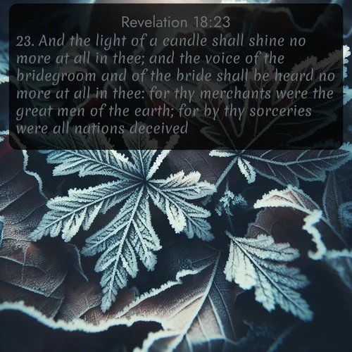 citation biblique : 23. And the light of a candle shall shine no more at all in thee; and the voice of the bridegroom and of the bride shall be heard no more at all in thee: for thy merchants were the great men of the earth; for by thy sorceries were all nations deceived.
 sur fond image nature