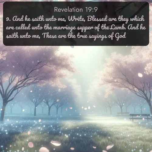 citation biblique : 9. And he saith unto me, Write, Blessed are they which are called unto the marriage supper of the Lamb. And he saith unto me, These are the true sayings of God.
 sur fond image nature