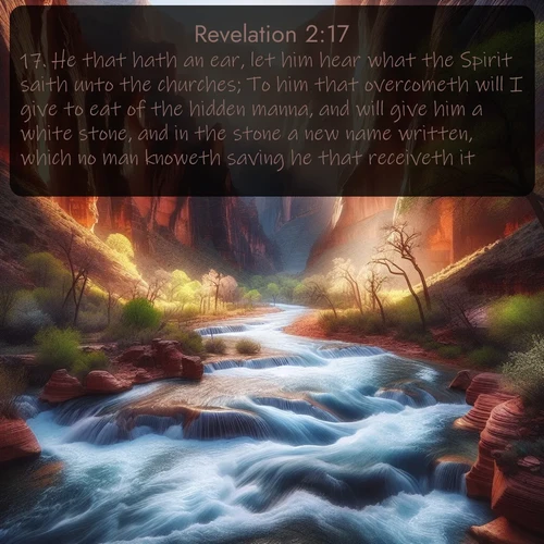 citation biblique : 17. He that hath an ear, let him hear what the Spirit saith unto the churches; To him that overcometh will I give to eat of the hidden manna, and will give him a white stone, and in the stone a new name written, which no man knoweth saving he that receiveth it.
 sur fond image nature