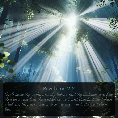 citation biblique : 2. I know thy works, and thy labour, and thy patience, and how thou canst not bear them which are evil: and thou hast tried them which say they are apostles, and are not, and hast found them liars:
 sur fond image nature