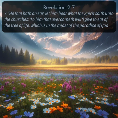 citation biblique : 7. He that hath an ear, let him hear what the Spirit saith unto the churches; To him that overcometh will I give to eat of the tree of life, which is in the midst of the paradise of God.
 sur fond image nature