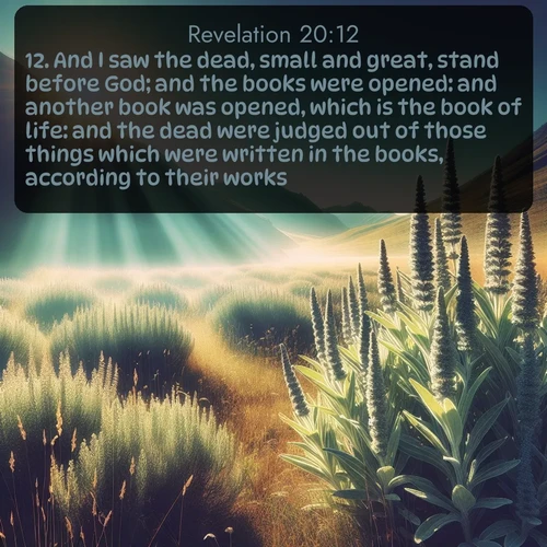 citation biblique : 12. And I saw the dead, small and great, stand before God; and the books were opened: and another book was opened, which is the book of life: and the dead were judged out of those things which were written in the books, according to their works.
 sur fond image nature