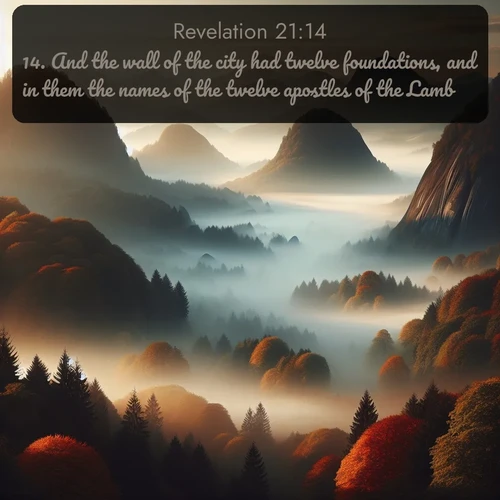 KJV Book of Revelation  ; image nature: image with the bible verse :And the wall of the city had twelve foundations, and in them the names of the twelve apostles of the Lamb. ; Dive into our collection of Bible verse images beautifully illustrated with beach photos, featuring gentle waves, sunsets over the sea, and sandy shores. These scenes evoke the peace and majesty of God. Download and share inspiring verses like KJV Book of Revelation 21:14. Current verse is overlayed with the thematic nature scene : Autumn fog rolls through valleys between ancient rounded mountains. ; 21:14