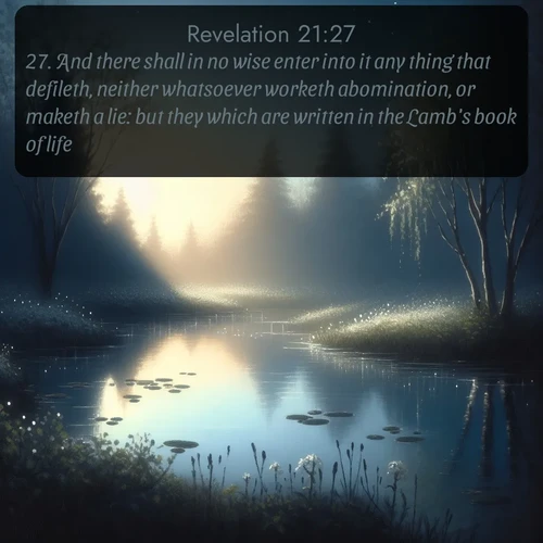 KJV Book of Revelation 21:27 overlaying nature image scene: Spring peepers call from a pond reflecting the first evening stars.;27. And there shall in no wise enter into it any thing that defileth, neither whatsoever worketh abomination, or maketh a lie: but they which are written in the Lamb's book of life.