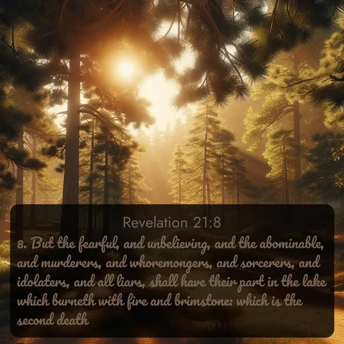 KJV Book of Revelation 21:8 overlaying nature image scene: Summer heat brings out the scent of pine needles.;8. But the fearful, and unbelieving, and the abominable, and murderers, and whoremongers, and sorcerers, and idolaters, and all liars, shall have their part in the lake which burneth with fire and brimstone: which is the second death.