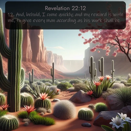 citation biblique : 12. And, behold, I come quickly; and my reward is with me, to give every man according as his work shall be.
 sur fond image nature