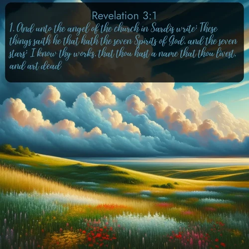 citation biblique : 1. And unto the angel of the church in Sardis write; These things saith he that hath the seven Spirits of God, and the seven stars; I know thy works, that thou hast a name that thou livest, and art dead.
 sur fond image nature