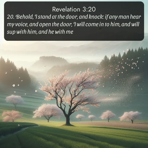 citation biblique : 20. Behold, I stand at the door, and knock: if any man hear my voice, and open the door, I will come in to him, and will sup with him, and he with me.
 sur fond image nature