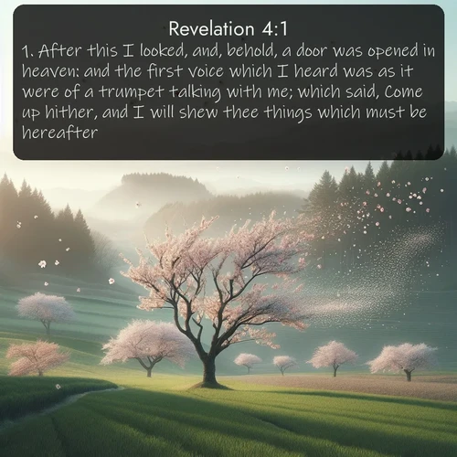 citation biblique : 1. After this I looked, and, behold, a door was opened in heaven: and the first voice which I heard was as it were of a trumpet talking with me; which said, Come up hither, and I will shew thee things which must be hereafter.
 sur fond image nature