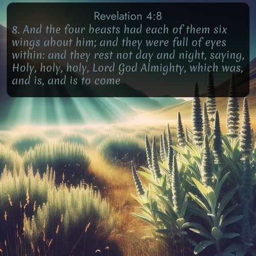 citation biblique : 8. And the four beasts had each of them six wings about him; and they were full of eyes within: and they rest not day and night, saying, Holy, holy, holy, Lord God Almighty, which was, and is, and is to come.
 sur fond image nature