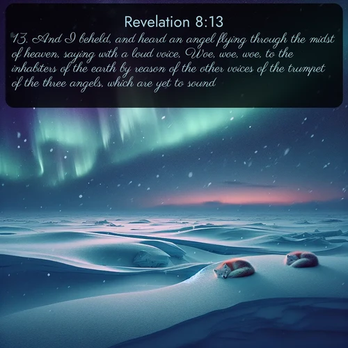 citation biblique : 13. And I beheld, and heard an angel flying through the midst of heaven, saying with a loud voice, Woe, woe, woe, to the inhabiters of the earth by reason of the other voices of the trumpet of the three angels, which are yet to sound!
 sur fond image nature