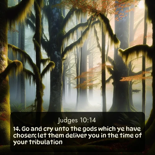 KJV Judges  ; image nature: image with the bible verse :Go and cry unto the gods which ye have chosen; let them deliver you in the time of your tribulation. ; Discover a rich selection of Bible verse images illustrated by natural landscapes like tranquil beaches, golden fields, and majestic trees. These images aim to capture the peace and beauty of God&#039;s creation, with vibrant colors and varied typography. Download and share inspiring verses like KJV Judges 10:14. Current verse is overlayed with the thematic nature scene : Autumn fog shrouds an old-growth forest draped in moss and lichen. ; 10:14